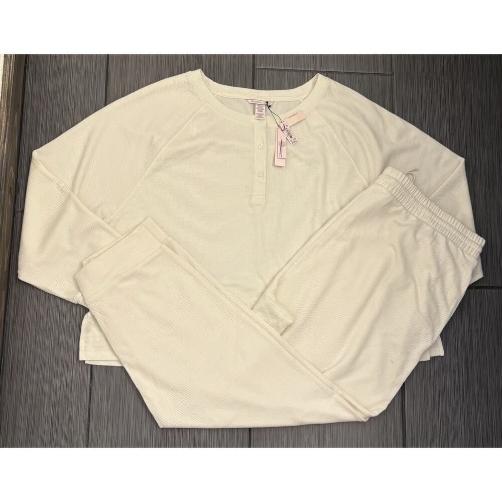 Victoria's Secret Soft Thermal Henley Long Pajama Set Cream Size XXL Lounge Soft